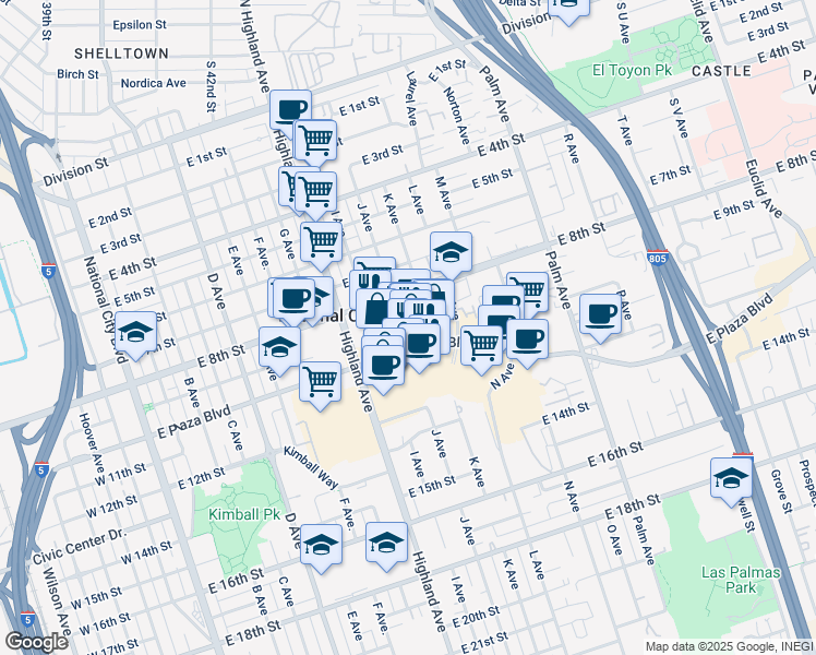 map of restaurants, bars, coffee shops, grocery stores, and more near 1006 East 9th Street in National City