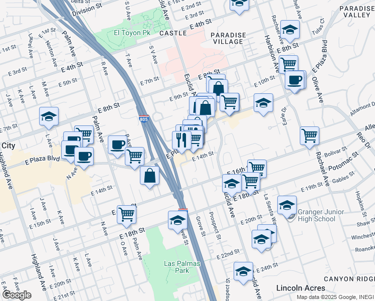 map of restaurants, bars, coffee shops, grocery stores, and more near 2210 East Plaza Boulevard in National City