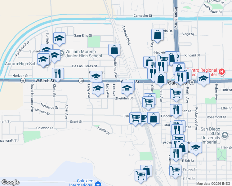 map of restaurants, bars, coffee shops, grocery stores, and more near 930 Lee Avenue in Calexico