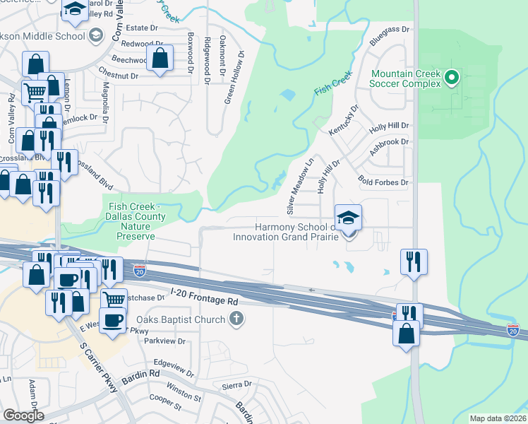 map of restaurants, bars, coffee shops, grocery stores, and more near 1043 Kaylie Street in Grand Prairie