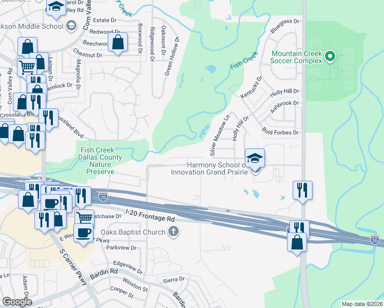 map of restaurants, bars, coffee shops, grocery stores, and more near 1043 Kaylie Street in Grand Prairie
