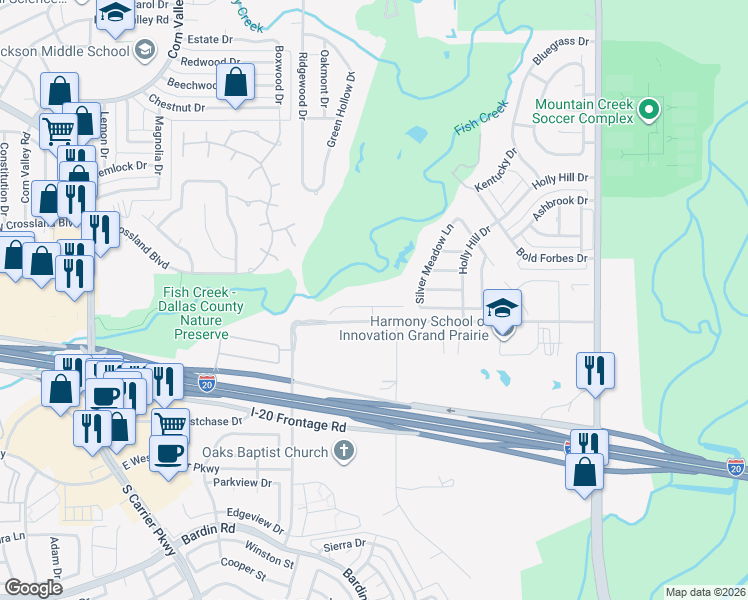map of restaurants, bars, coffee shops, grocery stores, and more near 1043 Kaylie Street in Grand Prairie