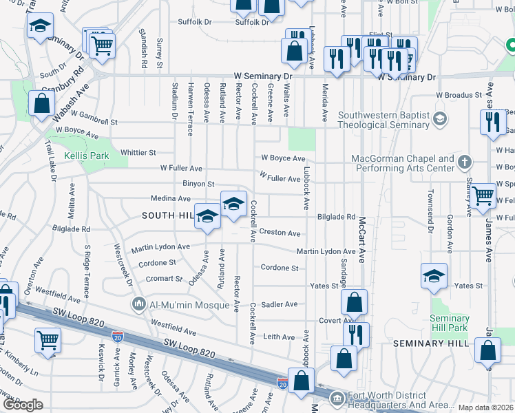 map of restaurants, bars, coffee shops, grocery stores, and more near 4766 Greene Avenue in Fort Worth