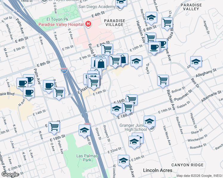 map of restaurants, bars, coffee shops, grocery stores, and more near 1418 Meadow Drive in National City