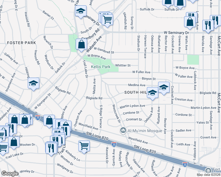 map of restaurants, bars, coffee shops, grocery stores, and more near 4758 Westcreek Drive in Fort Worth