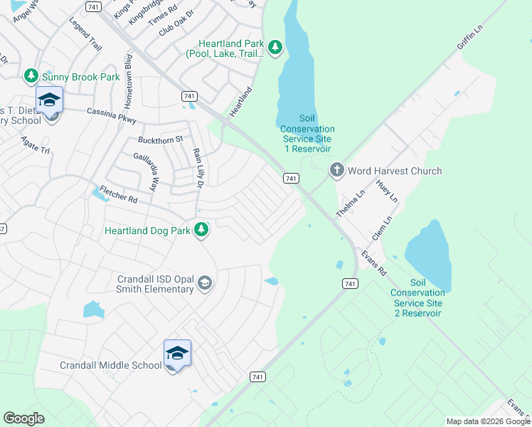 map of restaurants, bars, coffee shops, grocery stores, and more near 4013 Villawood Trail in Crandall