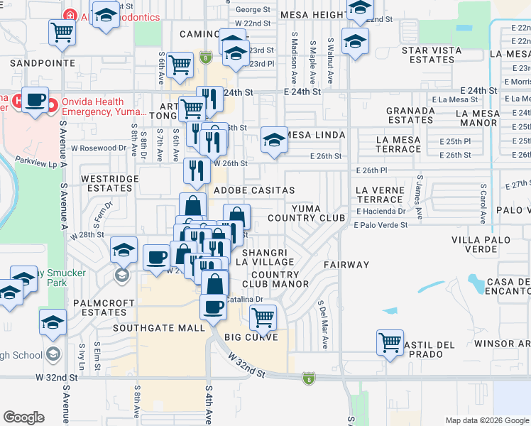 map of restaurants, bars, coffee shops, grocery stores, and more near 143 West 27th Place in Yuma
