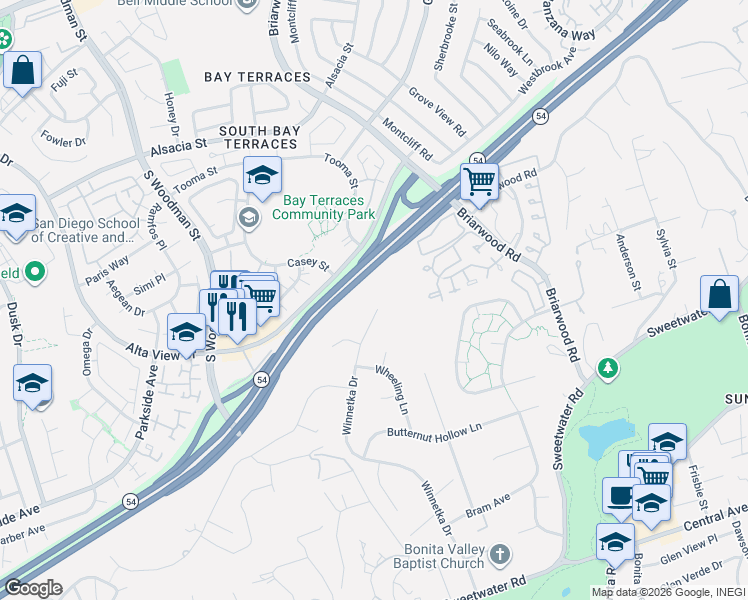 map of restaurants, bars, coffee shops, grocery stores, and more near 3033 Winnetka Drive in Bonita