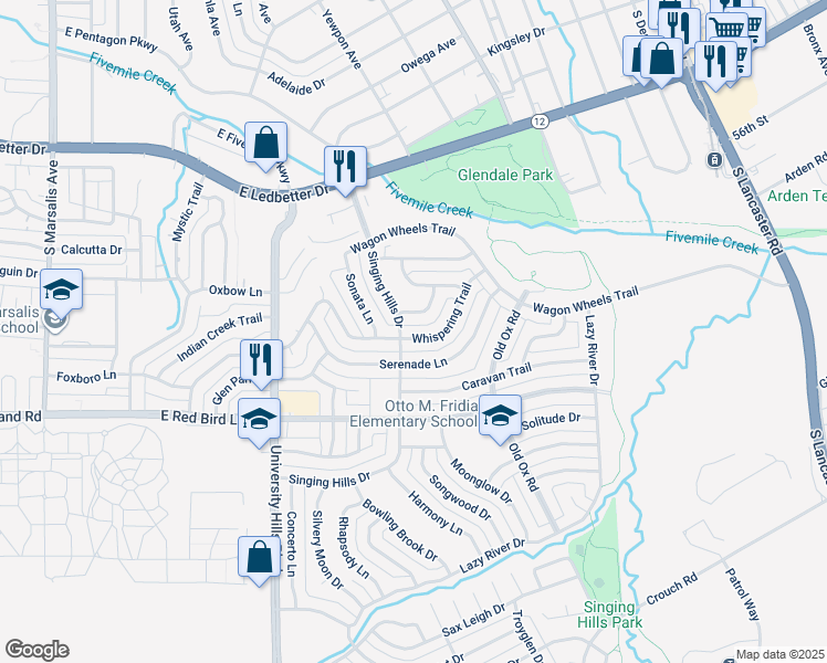 map of restaurants, bars, coffee shops, grocery stores, and more near 1415 Whispering Trail in Dallas