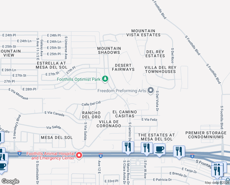 map of restaurants, bars, coffee shops, grocery stores, and more near South Camino Del Sol in Yuma