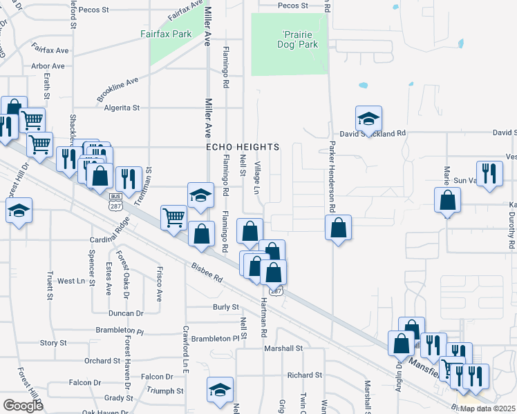 map of restaurants, bars, coffee shops, grocery stores, and more near 5388 Village Lane in Fort Worth