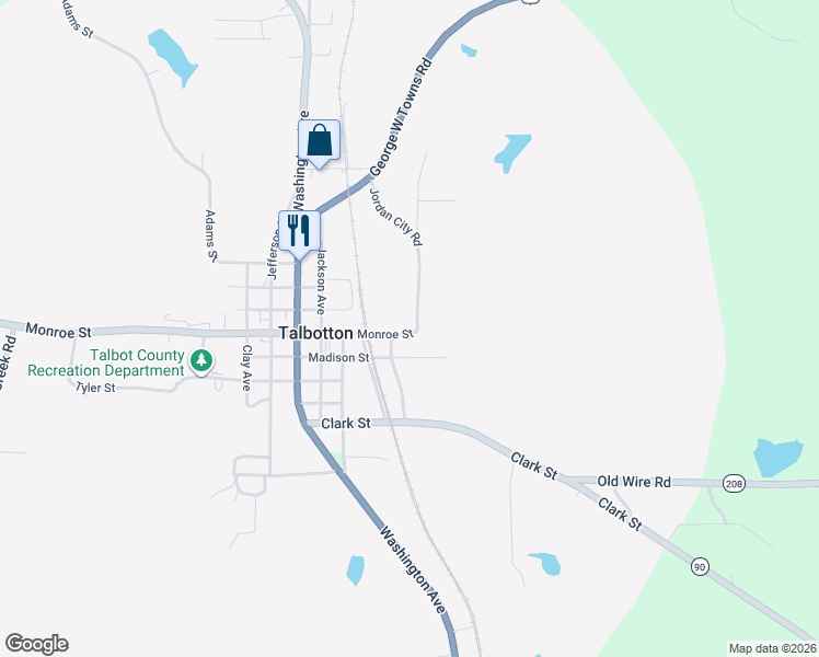 map of restaurants, bars, coffee shops, grocery stores, and more near 11 Jordan City Road in Talbotton