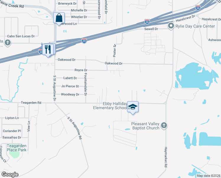 map of restaurants, bars, coffee shops, grocery stores, and more near 9951 Teagarden Road in Dallas