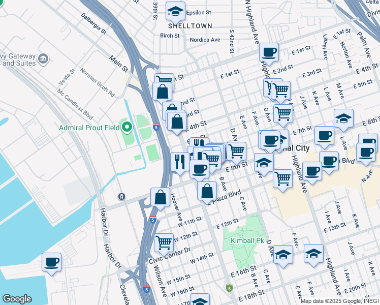 map of restaurants, bars, coffee shops, grocery stores, and more near 540 National City Boulevard in National City