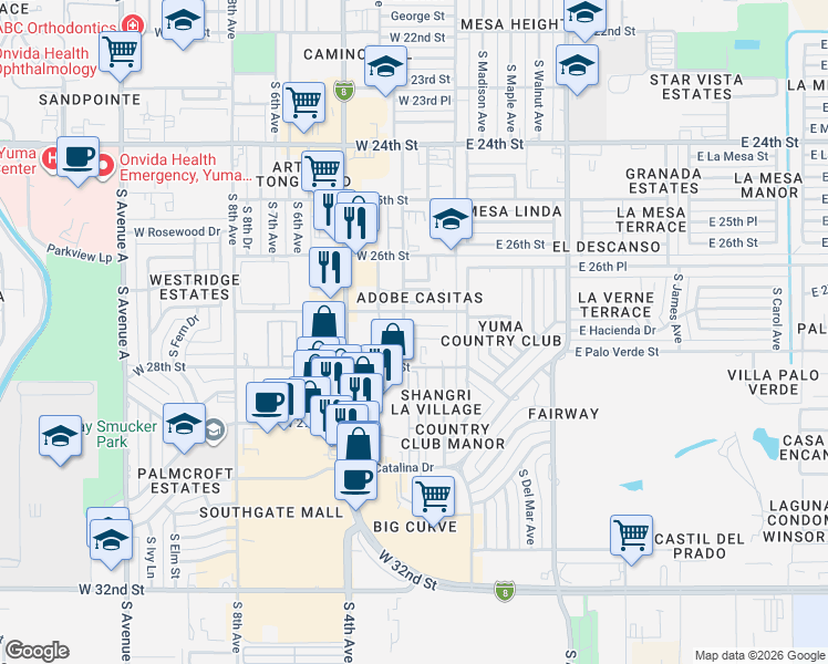 map of restaurants, bars, coffee shops, grocery stores, and more near 2755 South 4th Avenue in Yuma