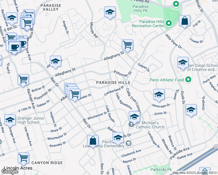 map of restaurants, bars, coffee shops, grocery stores, and more near 6119 Albemarle Street in San Diego