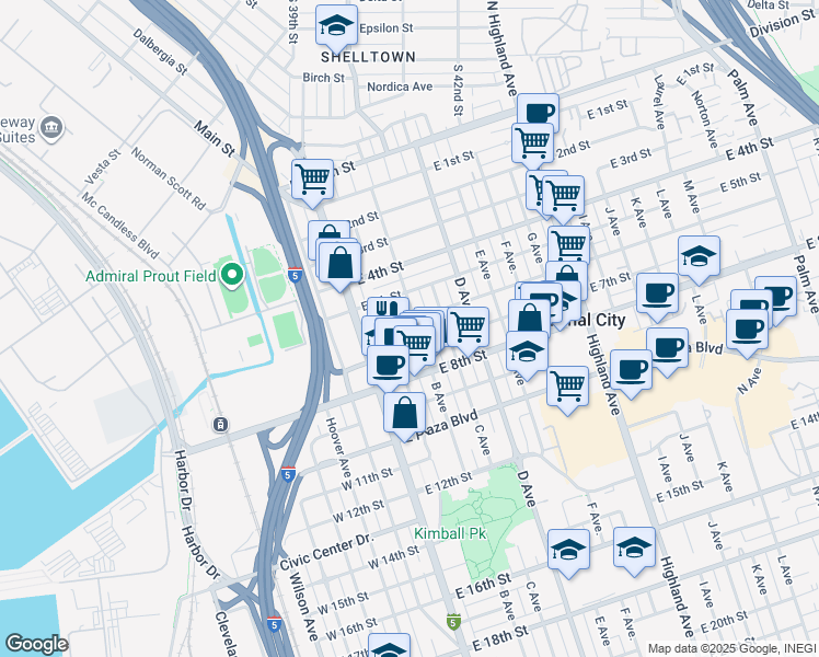 map of restaurants, bars, coffee shops, grocery stores, and more near 203 East 7th Street in National City