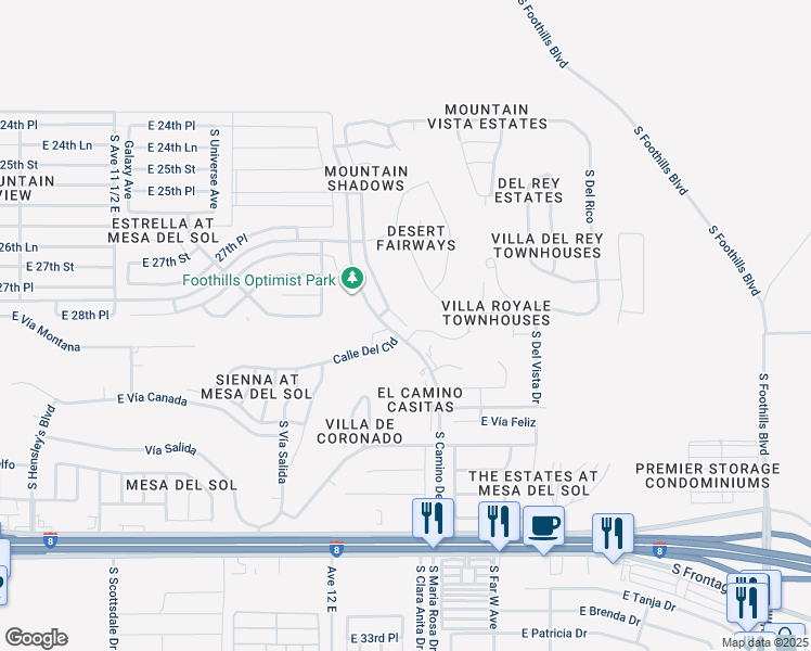 map of restaurants, bars, coffee shops, grocery stores, and more near 11290 South Avenida La Primera in Yuma