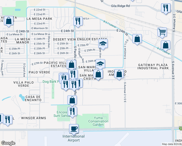 map of restaurants, bars, coffee shops, grocery stores, and more near 2252 East 27th Lane in Yuma