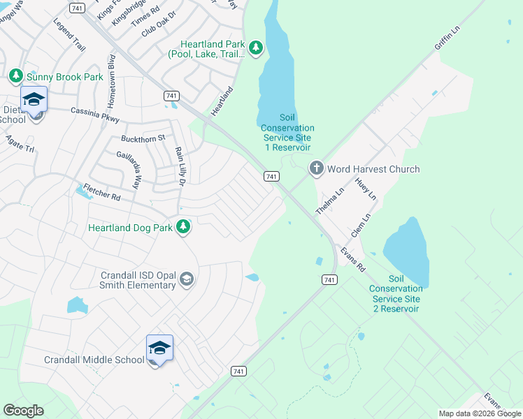map of restaurants, bars, coffee shops, grocery stores, and more near 4013 Villawood Trail in Crandall