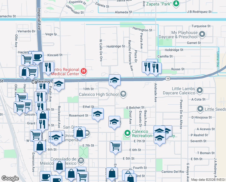 map of restaurants, bars, coffee shops, grocery stores, and more near 1000 Encinas Avenue in Calexico