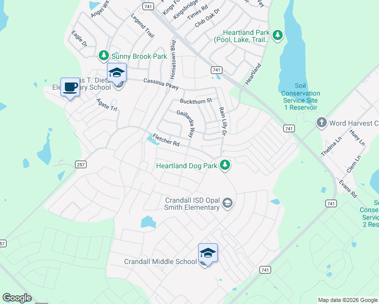 map of restaurants, bars, coffee shops, grocery stores, and more near 3119 Josefina Lane in Crandall