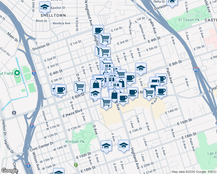 map of restaurants, bars, coffee shops, grocery stores, and more near 730 East 8th Street in National City