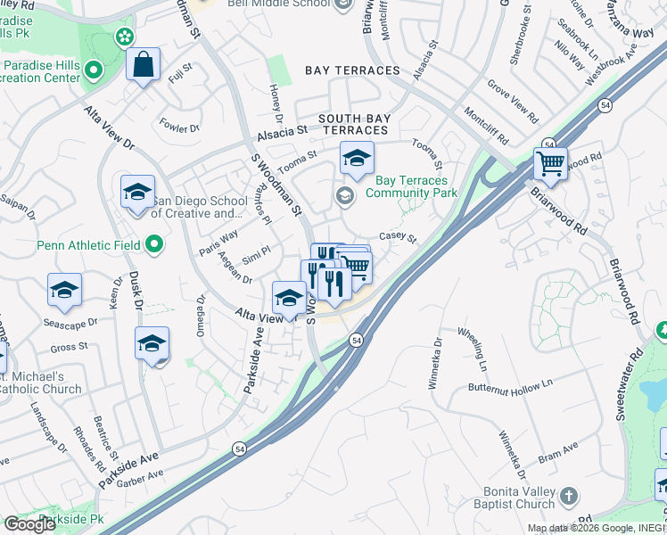 map of restaurants, bars, coffee shops, grocery stores, and more near 6964 Appian Drive in San Diego