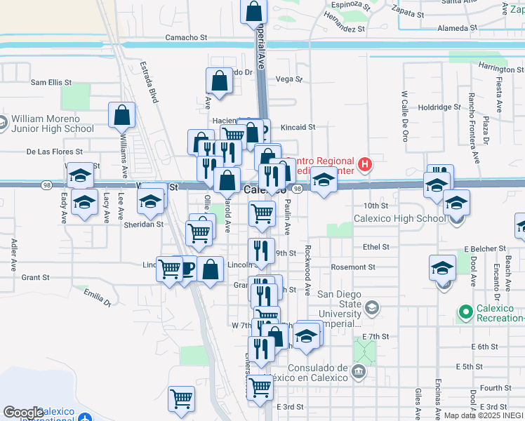 map of restaurants, bars, coffee shops, grocery stores, and more near 14 10th St in Calexico