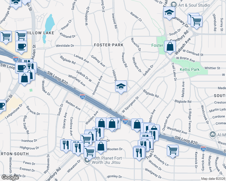 map of restaurants, bars, coffee shops, grocery stores, and more near 4117 Walden Avenue in Fort Worth