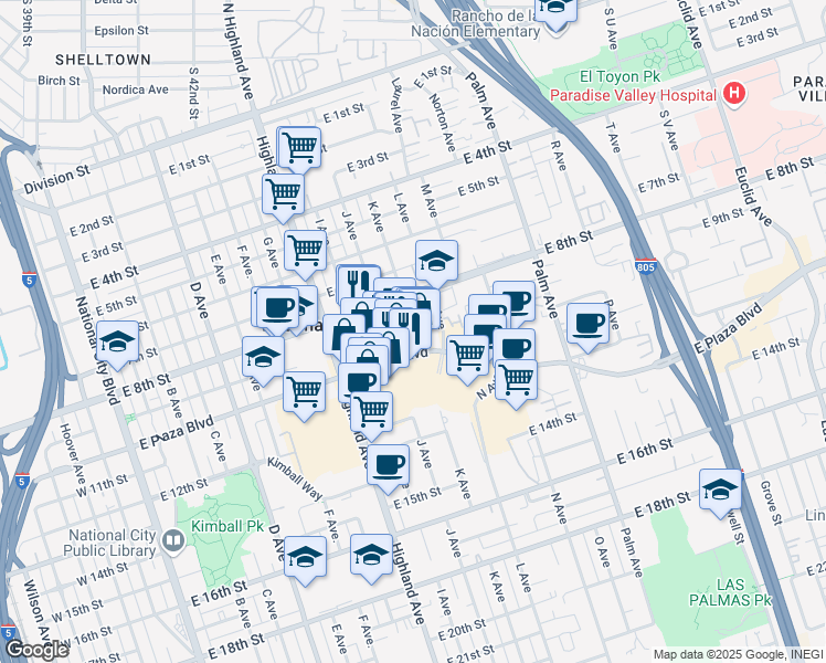 map of restaurants, bars, coffee shops, grocery stores, and more near 1006 East 9th Street in National City
