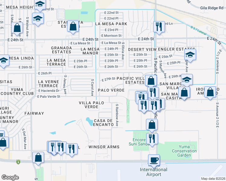 map of restaurants, bars, coffee shops, grocery stores, and more near 1516 East Palo Verde Street in Yuma