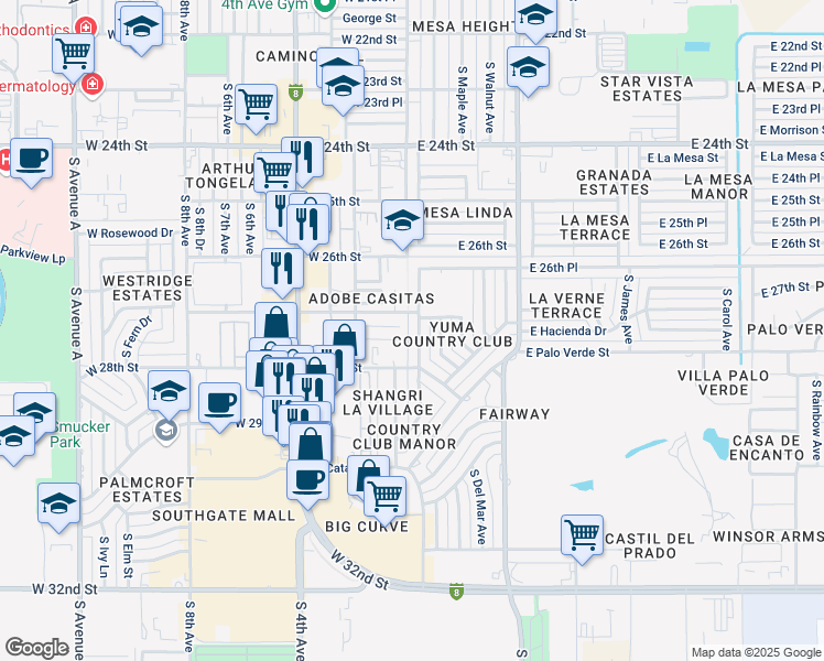 map of restaurants, bars, coffee shops, grocery stores, and more near 2753 South Madison Avenue in Yuma