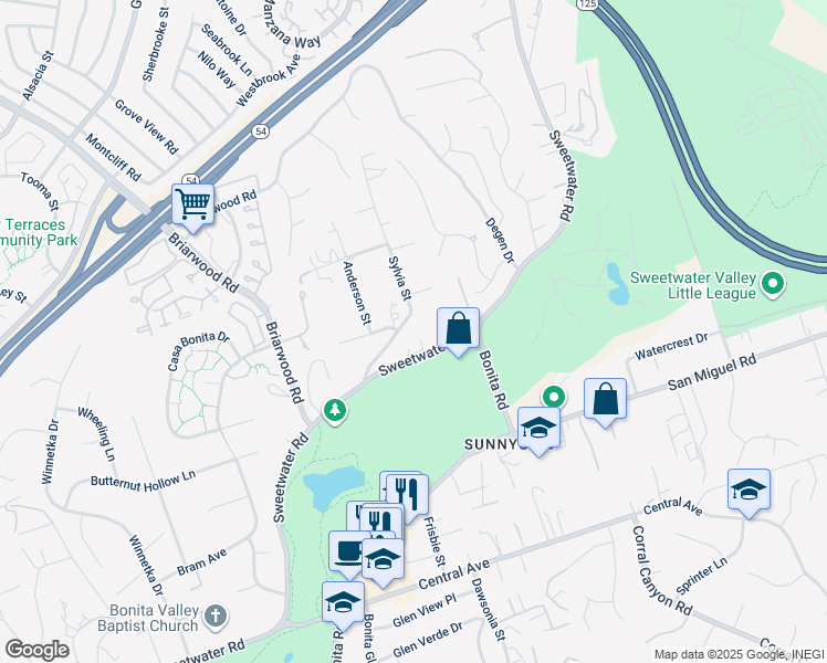 map of restaurants, bars, coffee shops, grocery stores, and more near 5305 Sweetwater Road in Bonita