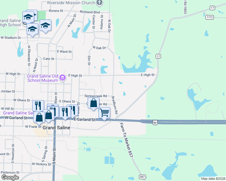 map of restaurants, bars, coffee shops, grocery stores, and more near 510 Bradburn Road in Grand Saline