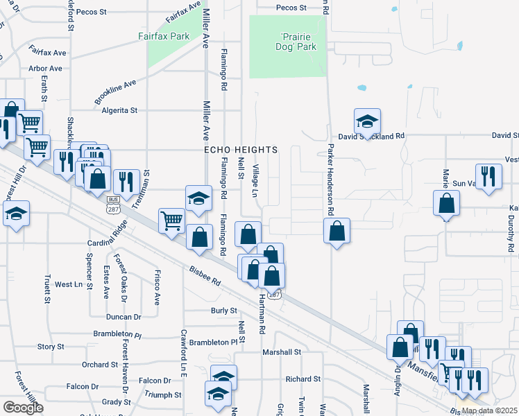 map of restaurants, bars, coffee shops, grocery stores, and more near 5386 Village Lane in Fort Worth