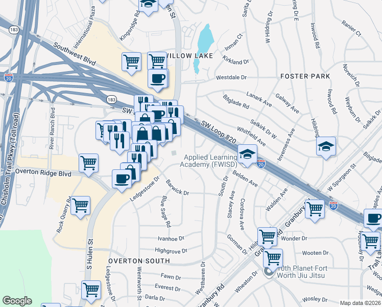 map of restaurants, bars, coffee shops, grocery stores, and more near 4750 Barwick Drive in Fort Worth