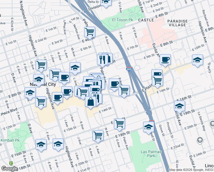 map of restaurants, bars, coffee shops, grocery stores, and more near 1535 East Plaza Boulevard in National City