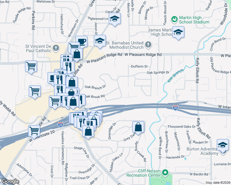 map of restaurants, bars, coffee shops, grocery stores, and more near 5404 Oak Brook Road in Arlington