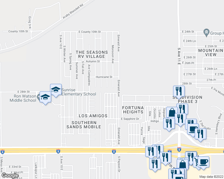 map of restaurants, bars, coffee shops, grocery stores, and more near 10490 South Monsoon Avenue in Yuma