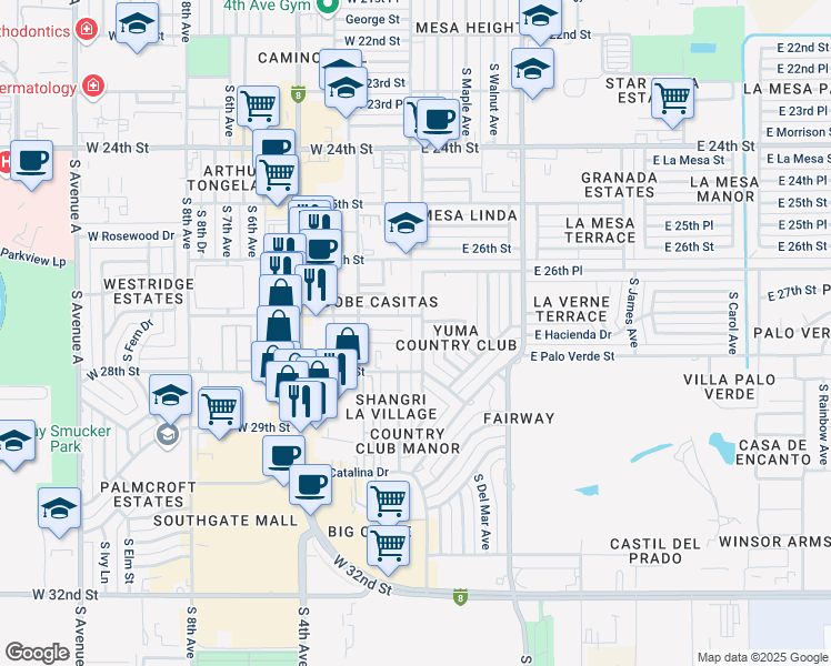 map of restaurants, bars, coffee shops, grocery stores, and more near 2753 South Madison Avenue in Yuma