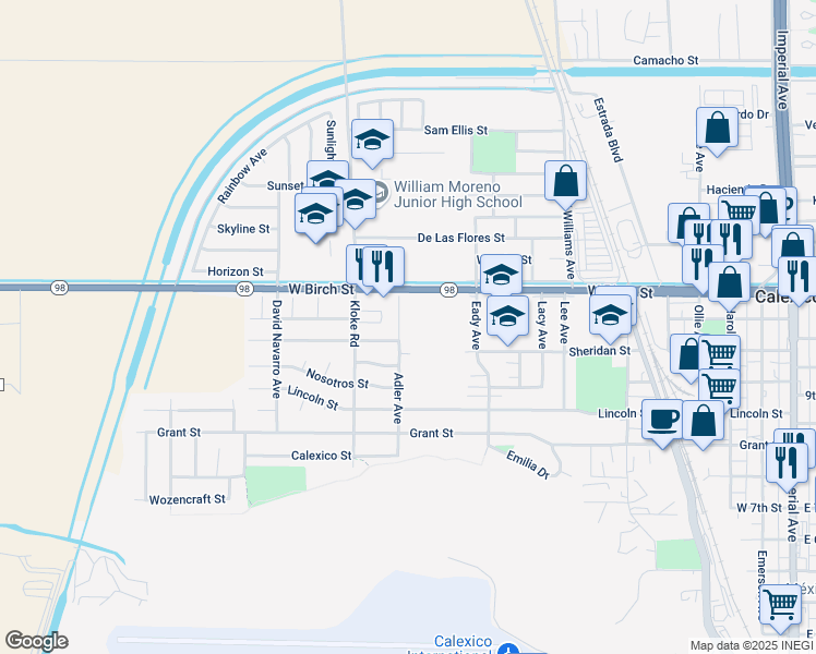 map of restaurants, bars, coffee shops, grocery stores, and more near 1051 Adler Avenue in Calexico