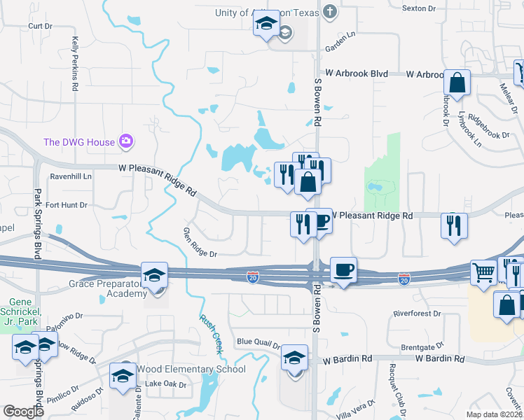 map of restaurants, bars, coffee shops, grocery stores, and more near 2611 West Pleasant Ridge Road in Arlington