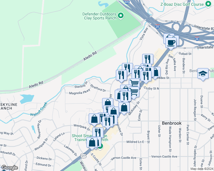 map of restaurants, bars, coffee shops, grocery stores, and more near 309 Sterling Drive in Benbrook
