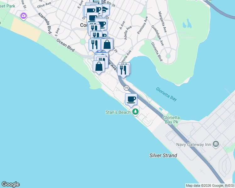 map of restaurants, bars, coffee shops, grocery stores, and more near 1720 Avenida Del Mundo in Coronado