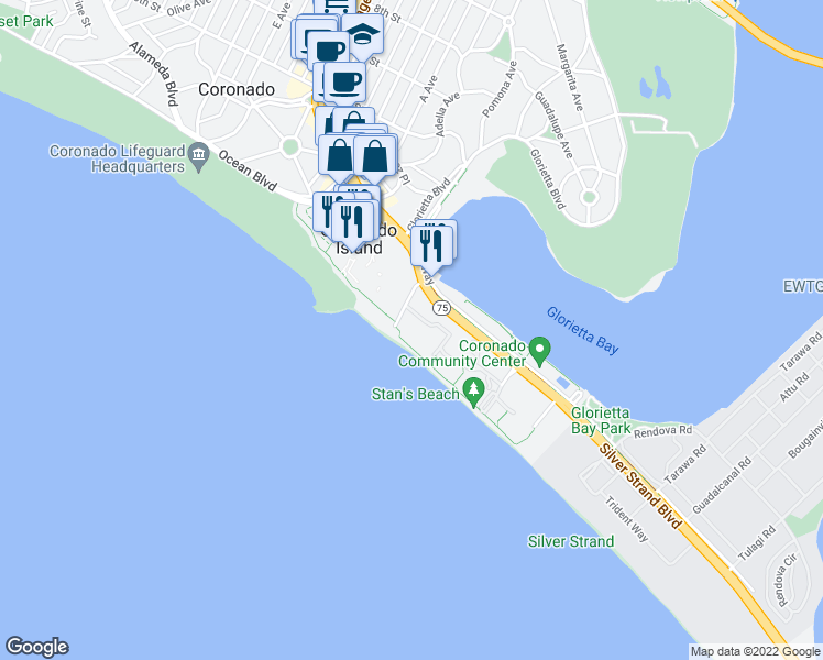 map of restaurants, bars, coffee shops, grocery stores, and more near 1800 Avenida Del Sol in Coronado