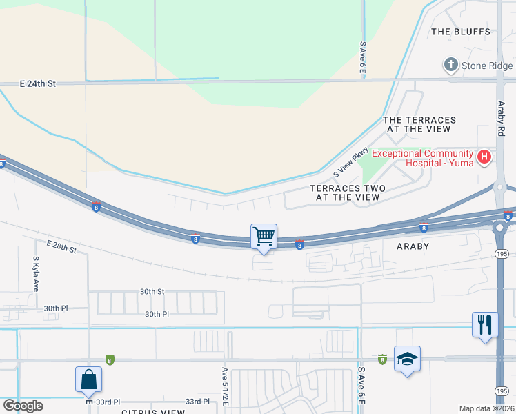 map of restaurants, bars, coffee shops, grocery stores, and more near 2794 South Lookout Avenue in Yuma