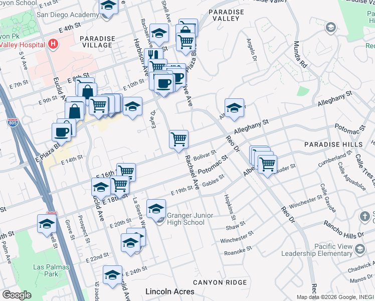 map of restaurants, bars, coffee shops, grocery stores, and more near 3106 East 16th Street in National City