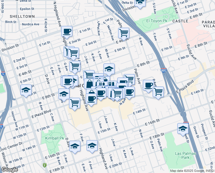 map of restaurants, bars, coffee shops, grocery stores, and more near 1145 East Plaza Boulevard in National City