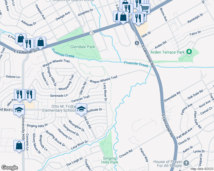 map of restaurants, bars, coffee shops, grocery stores, and more near 5810 Lazy River Drive in Dallas